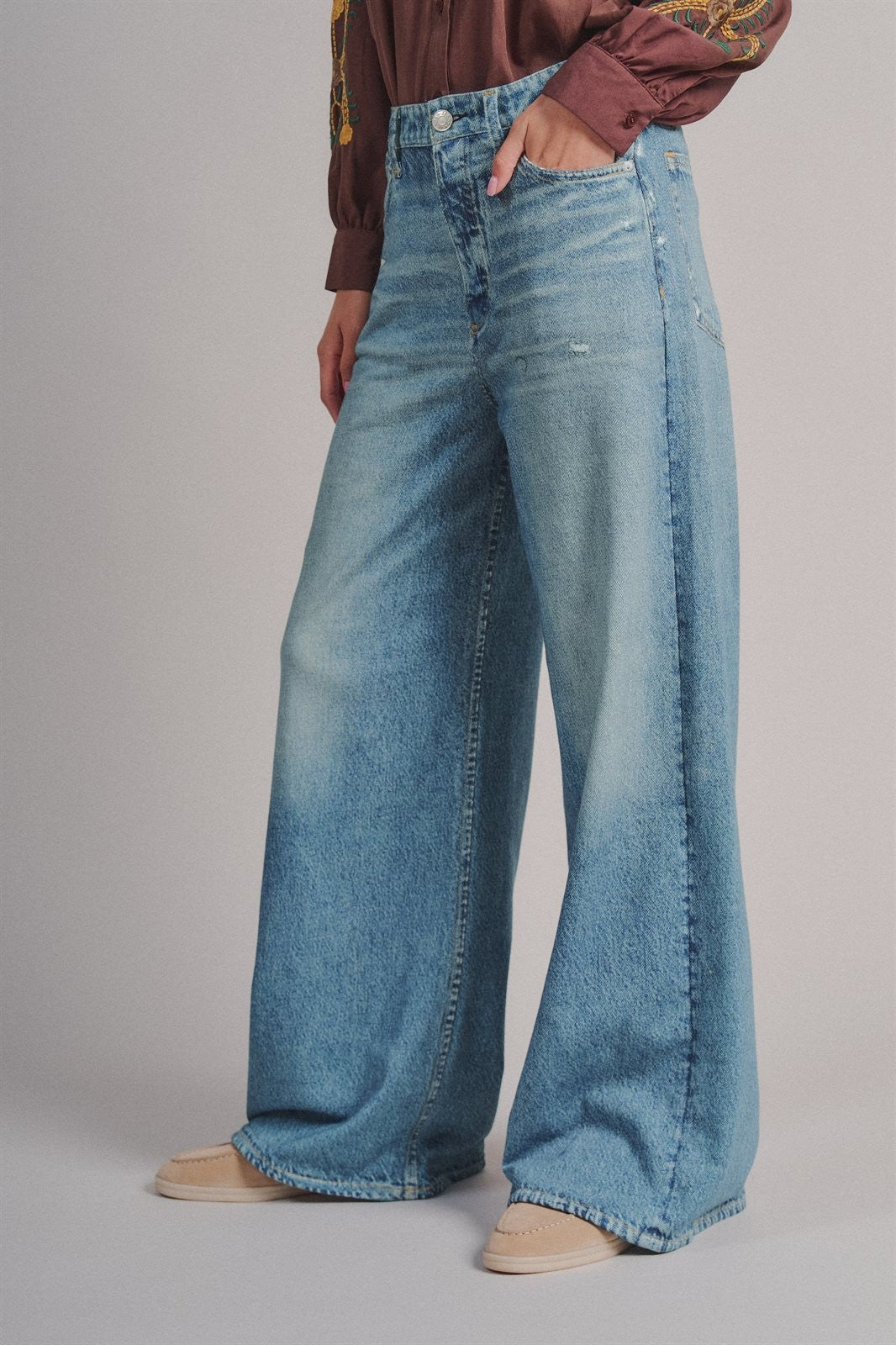 Faux Denim Print French Terry Wide Leg Pants with Flared Hem in Denim - Women's Wholesale Casual Pants | Trend Notes