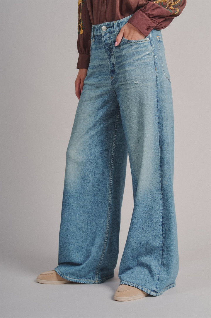 Faux Denim Print French Terry Wide Leg Pants with Flared Hem in Denim - Women's Wholesale Casual Pants | Trend Notes