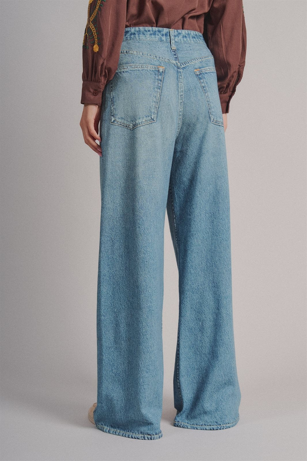 Faux Denim Print French Terry Wide Leg Pants with Flared Hem in Denim - Women's Wholesale Casual Pants | Trend Notes