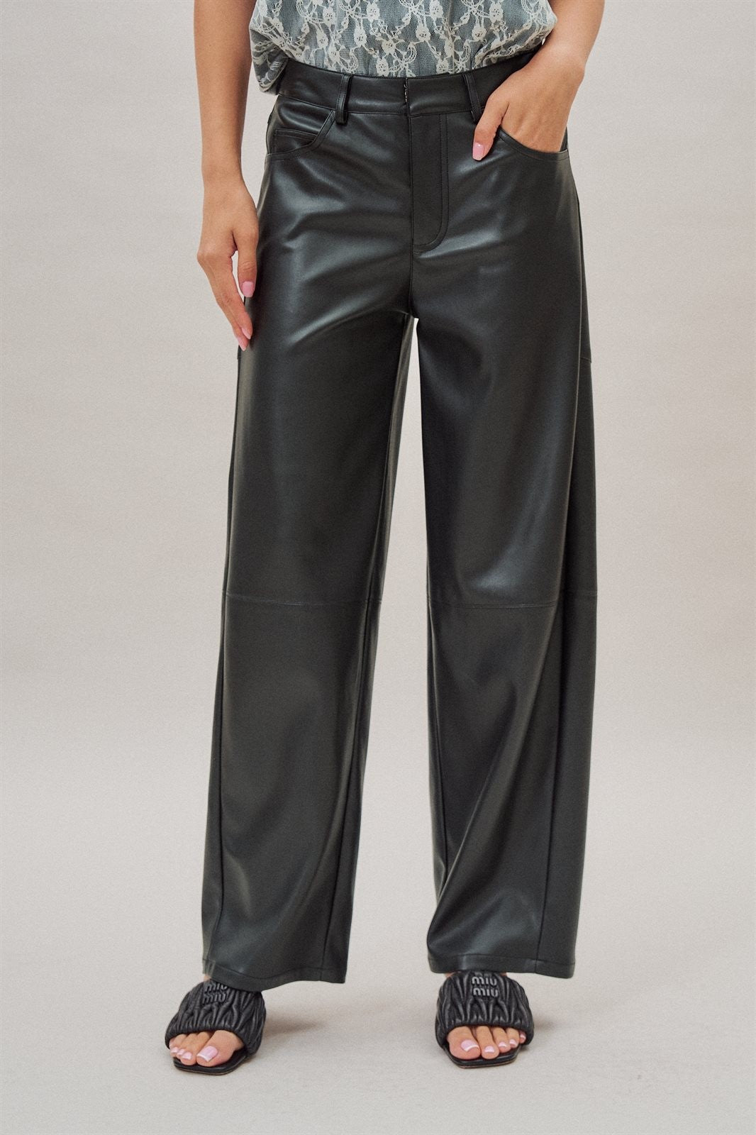 High Rise Faux Leather Barrel Leg Pant in Black - Women's Wholesale Casual Pants | Trend Notes