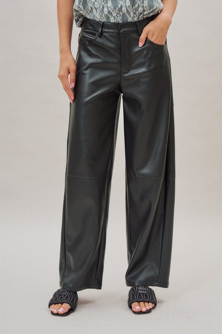 High Rise Faux Leather Barrel Leg Pant in Black - Women's Wholesale Casual Pants | Trend Notes