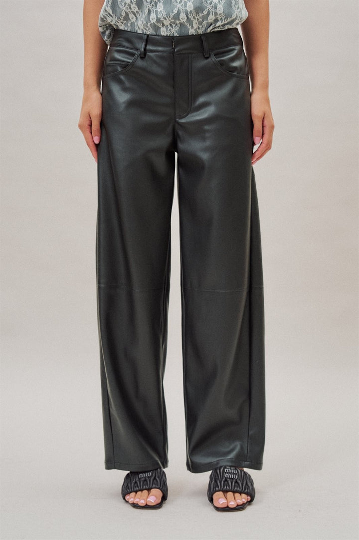 High Rise Faux Leather Barrel Leg Pant in Black - Women's Wholesale Casual Pants | Trend Notes