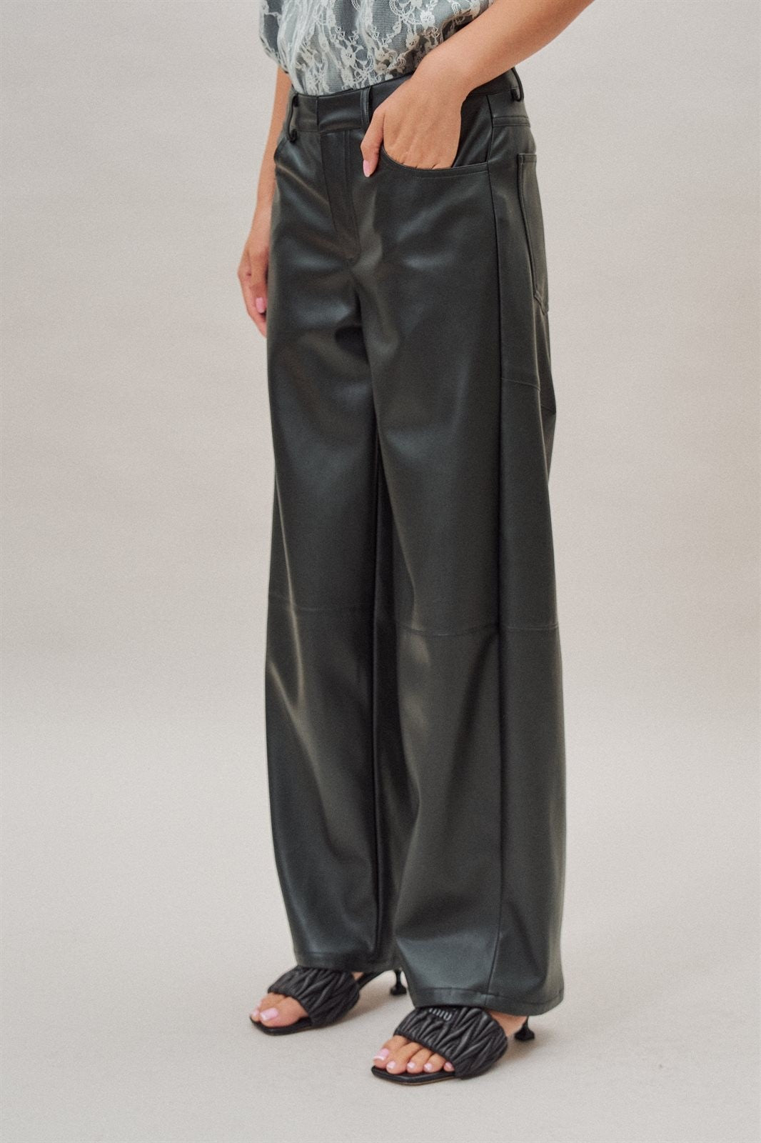 High Rise Faux Leather Barrel Leg Pant in Black - Women's Wholesale Casual Pants | Trend Notes