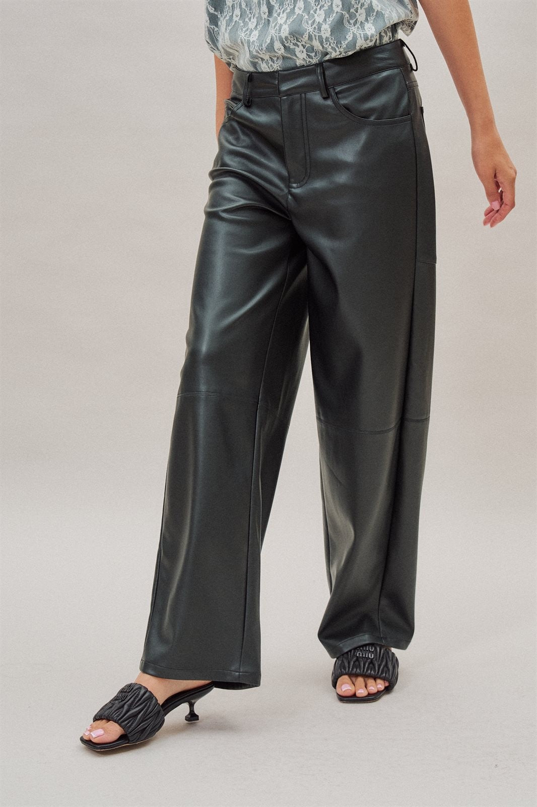 High Rise Faux Leather Barrel Leg Pant in Black - Women's Wholesale Casual Pants | Trend Notes