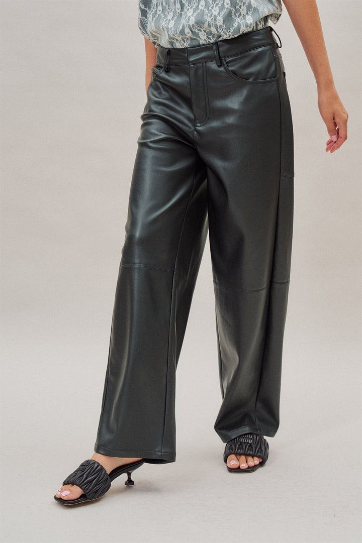 High Rise Faux Leather Barrel Leg Pant in Black - Women's Wholesale Casual Pants | Trend Notes