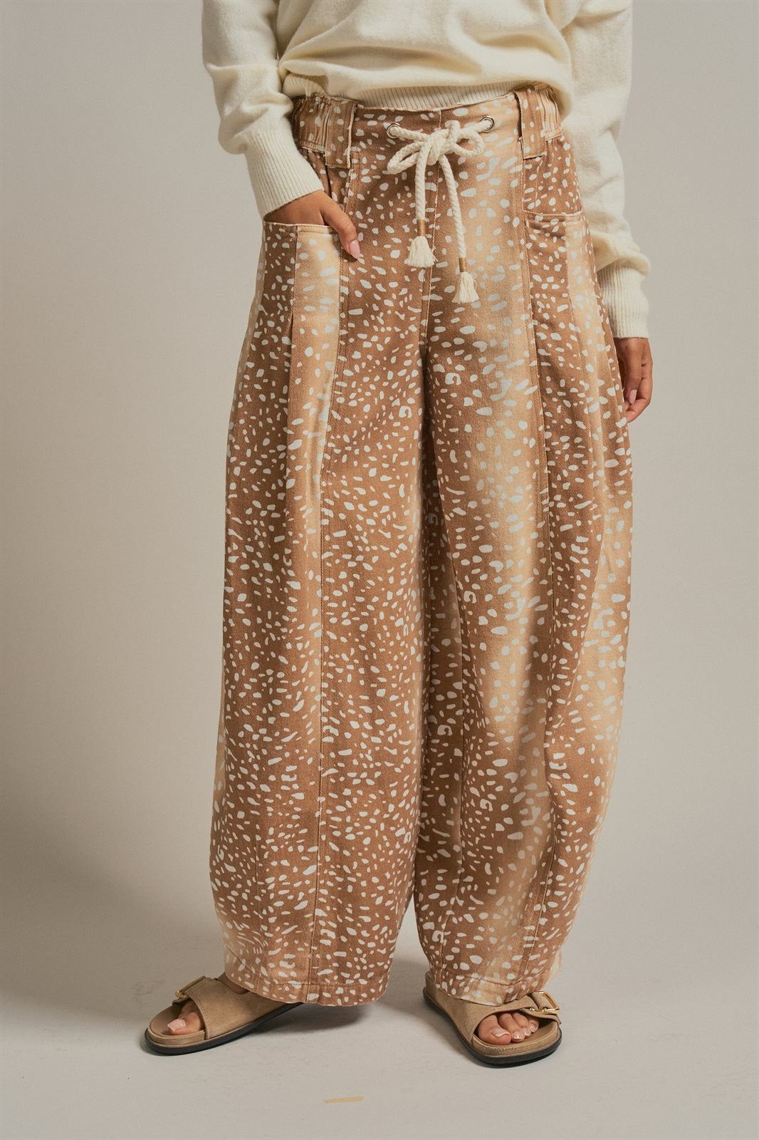Deer Print Cotton Twill Barrel Pants in Khaki - Women's Wholesale Pants | Trend Notes