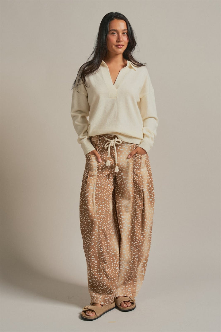Deer Print Cotton Twill Barrel Pants in Khaki - Women's Wholesale Pants | Trend Notes