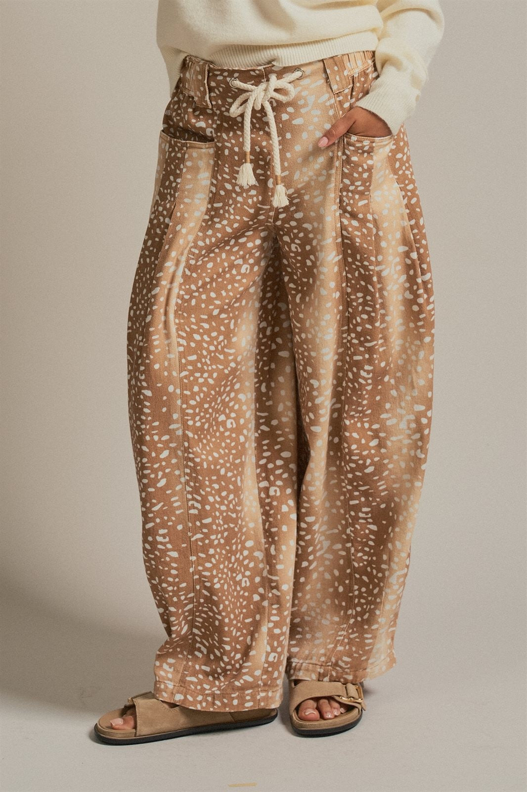Deer Print Cotton Twill Barrel Pants in Khaki - Women's Wholesale Pants | Trend Notes