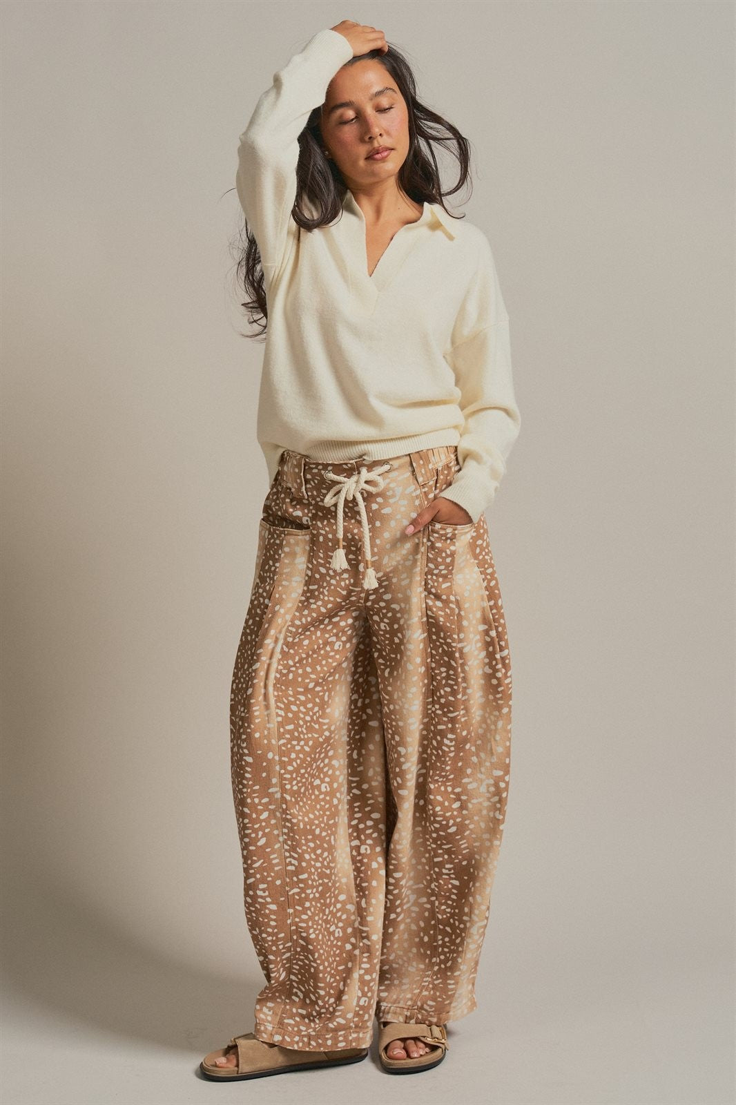 Deer Print Cotton Twill Barrel Pants in Khaki - Women's Wholesale Pants | Trend Notes