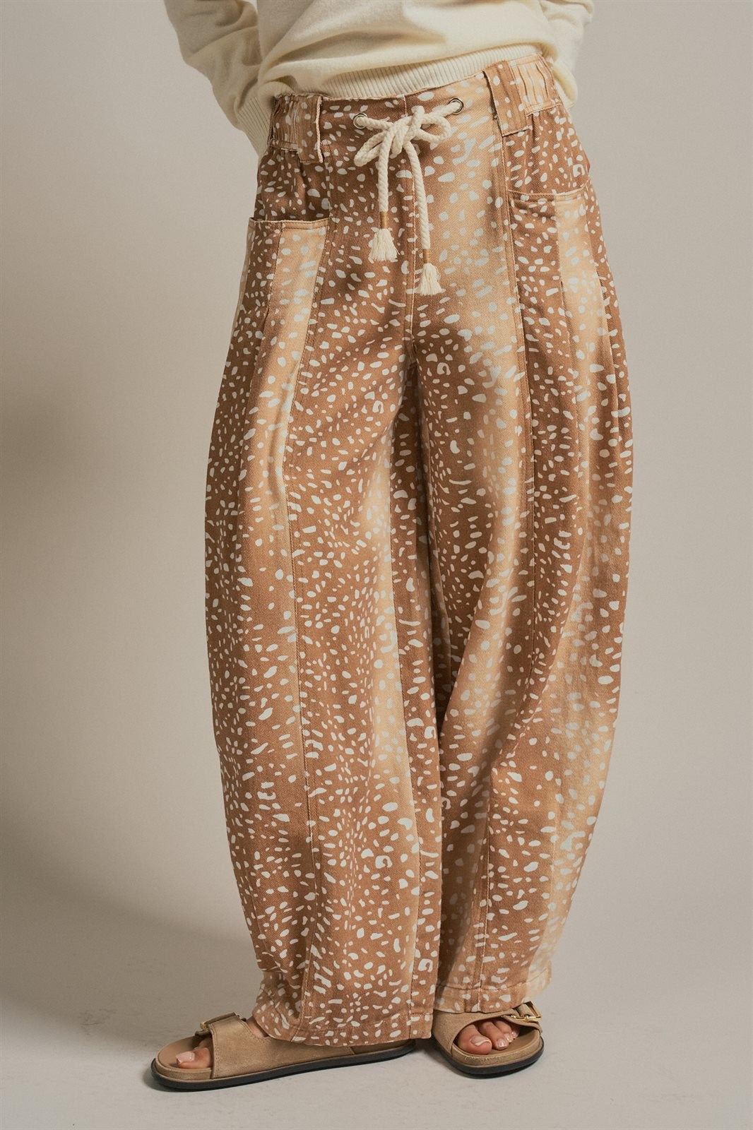 Deer Print Cotton Twill Barrel Pants in Khaki - Women's Wholesale Pants | Trend Notes