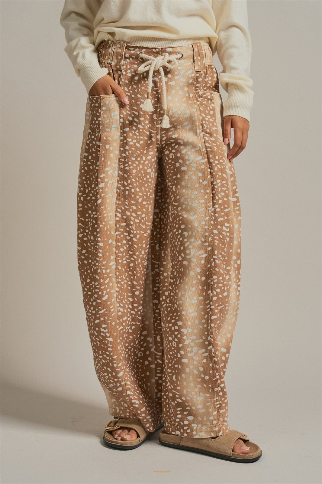 Deer Print Cotton Twill Barrel Pants in Khaki - Women's Wholesale Pants | Trend Notes