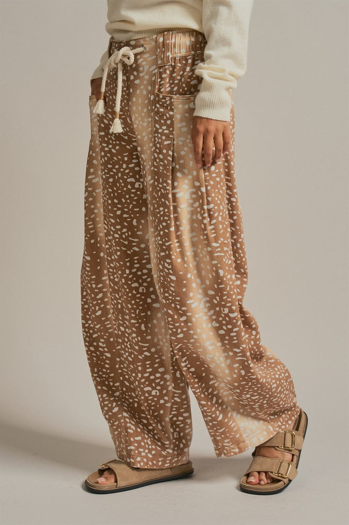 Deer Print Cotton Twill Barrel Pants in Khaki - Women's Wholesale Pants | Trend Notes