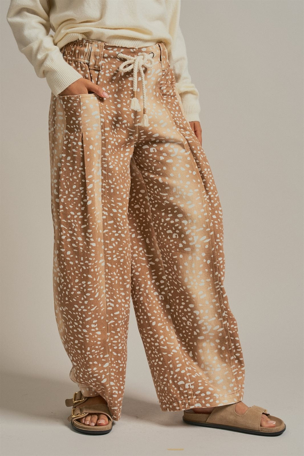 Deer Print Cotton Twill Barrel Pants in Khaki - Women's Wholesale Pants | Trend Notes