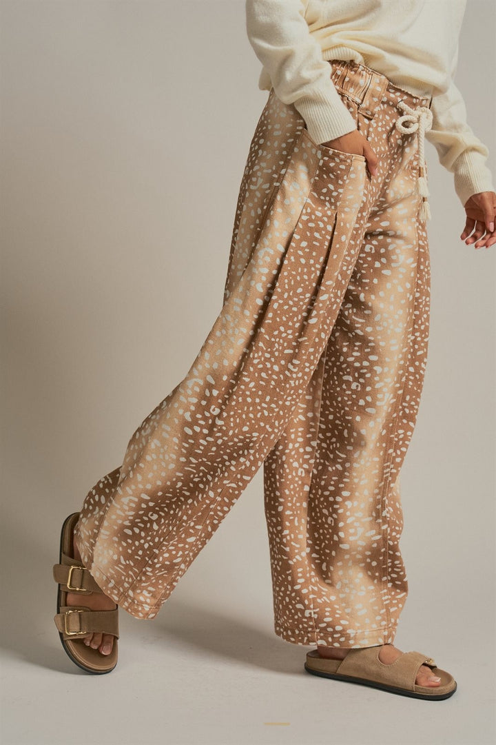 Deer Print Cotton Twill Barrel Pants in Khaki - Women's Wholesale Pants | Trend Notes