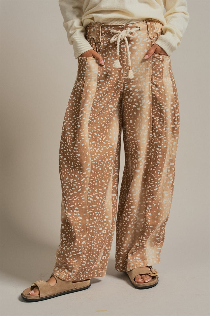 Deer Print Cotton Twill Barrel Pants in Khaki - Women's Wholesale Pants | Trend Notes