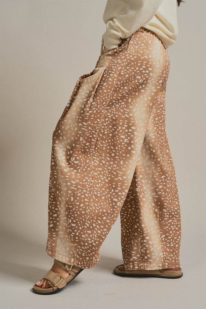 Deer Print Cotton Twill Barrel Pants in Khaki - Women's Wholesale Pants | Trend Notes