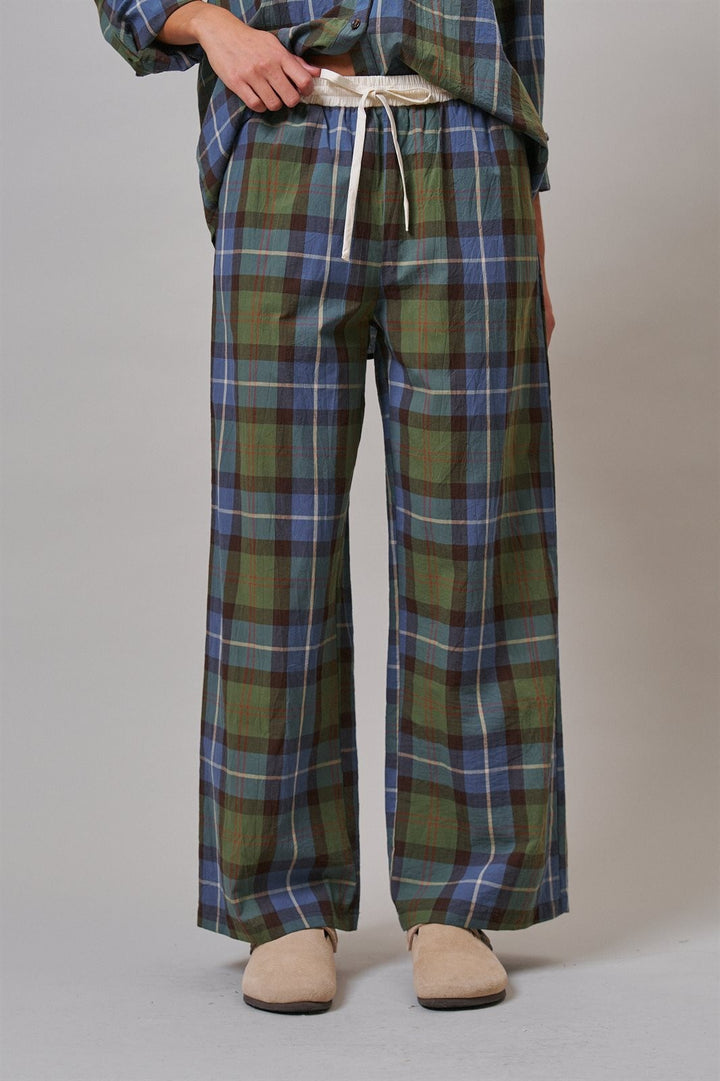 Plaid Wide Leg Drawstring Casual Pants in Green - Women's Wholesale Casual Pants | Trend Notes