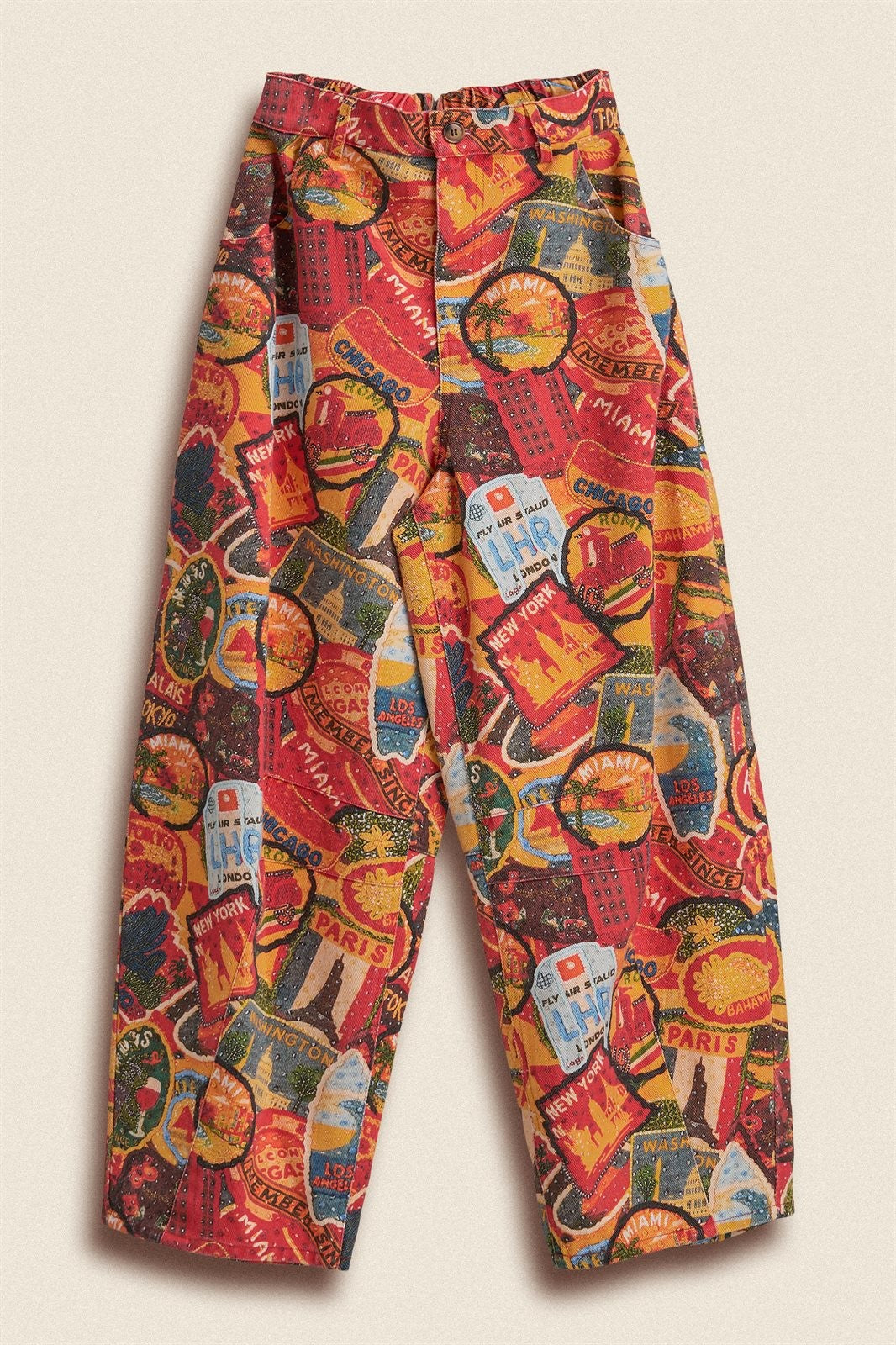 Vintage Travel Patch Print Wide Leg Cotton Pants in Multi - Women's Wholesale Casual Pants | Trend Notes