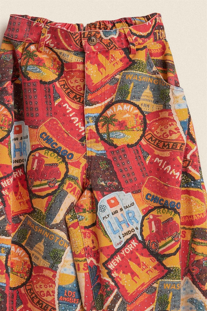 Vintage Travel Patch Print Wide Leg Cotton Pants in Multi - Women's Wholesale Casual Pants | Trend Notes