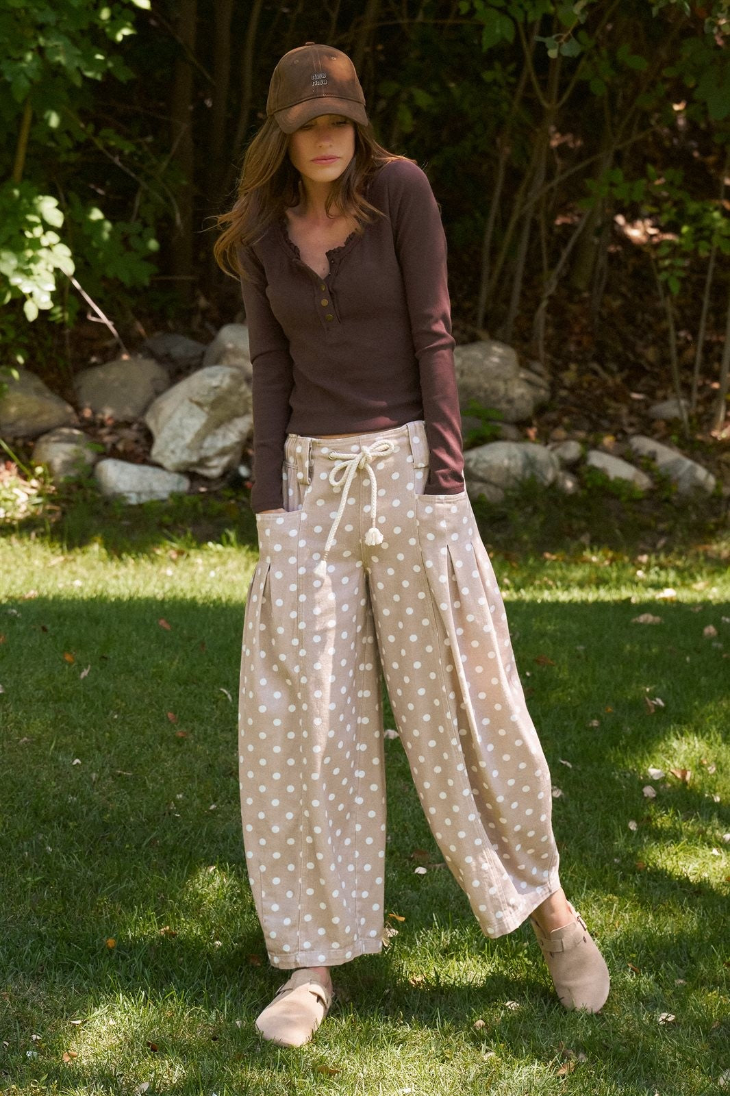 Polka Dot Pleated Barrel Leg Pants in Cotton Twill in Taupe	 - Women's Wholesale Casual Pants | Trend Notes
