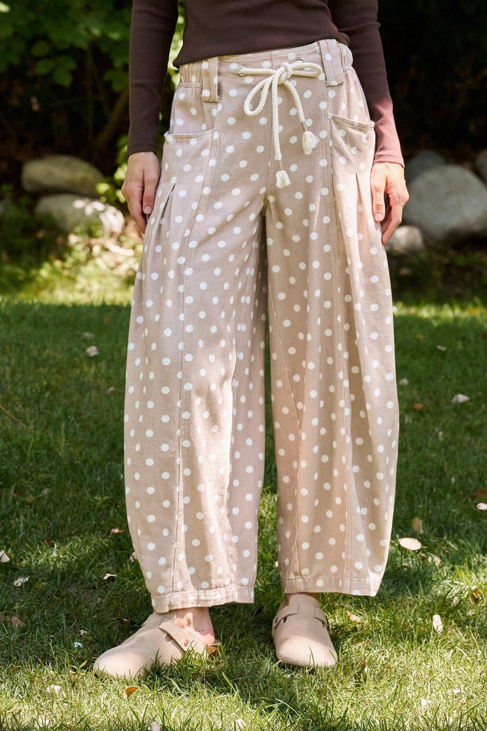 Polka Dot Pleated Barrel Leg Pants in Cotton Twill in Taupe	 - Women's Wholesale Casual Pants | Trend Notes