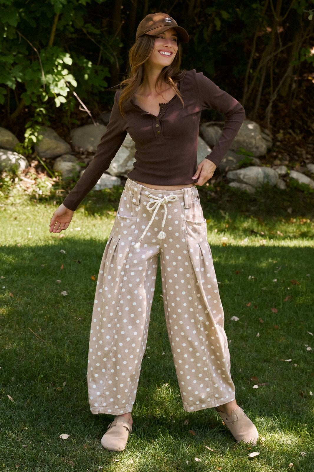 Polka Dot Pleated Barrel Leg Pants in Cotton Twill in Taupe	 - Women's Wholesale Casual Pants | Trend Notes
