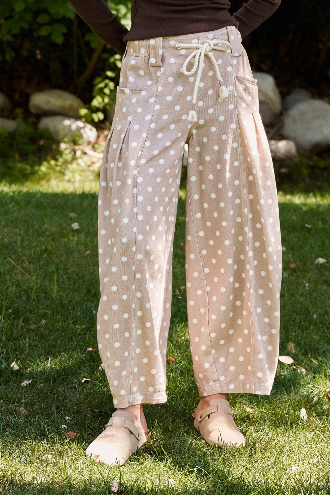 Polka Dot Pleated Barrel Leg Pants in Cotton Twill in Taupe	 - Women's Wholesale Casual Pants | Trend Notes
