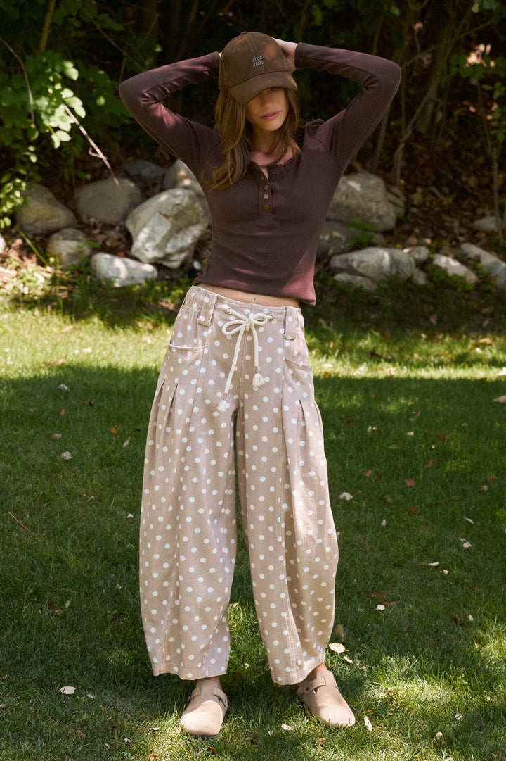 Polka Dot Pleated Barrel Leg Pants in Cotton Twill in Taupe	 - Women's Wholesale Casual Pants | Trend Notes