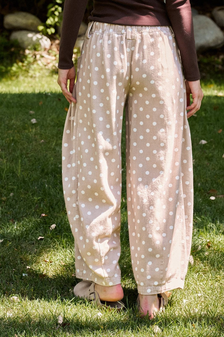 Polka Dot Pleated Barrel Leg Pants in Cotton Twill in Taupe	 - Women's Wholesale Casual Pants | Trend Notes