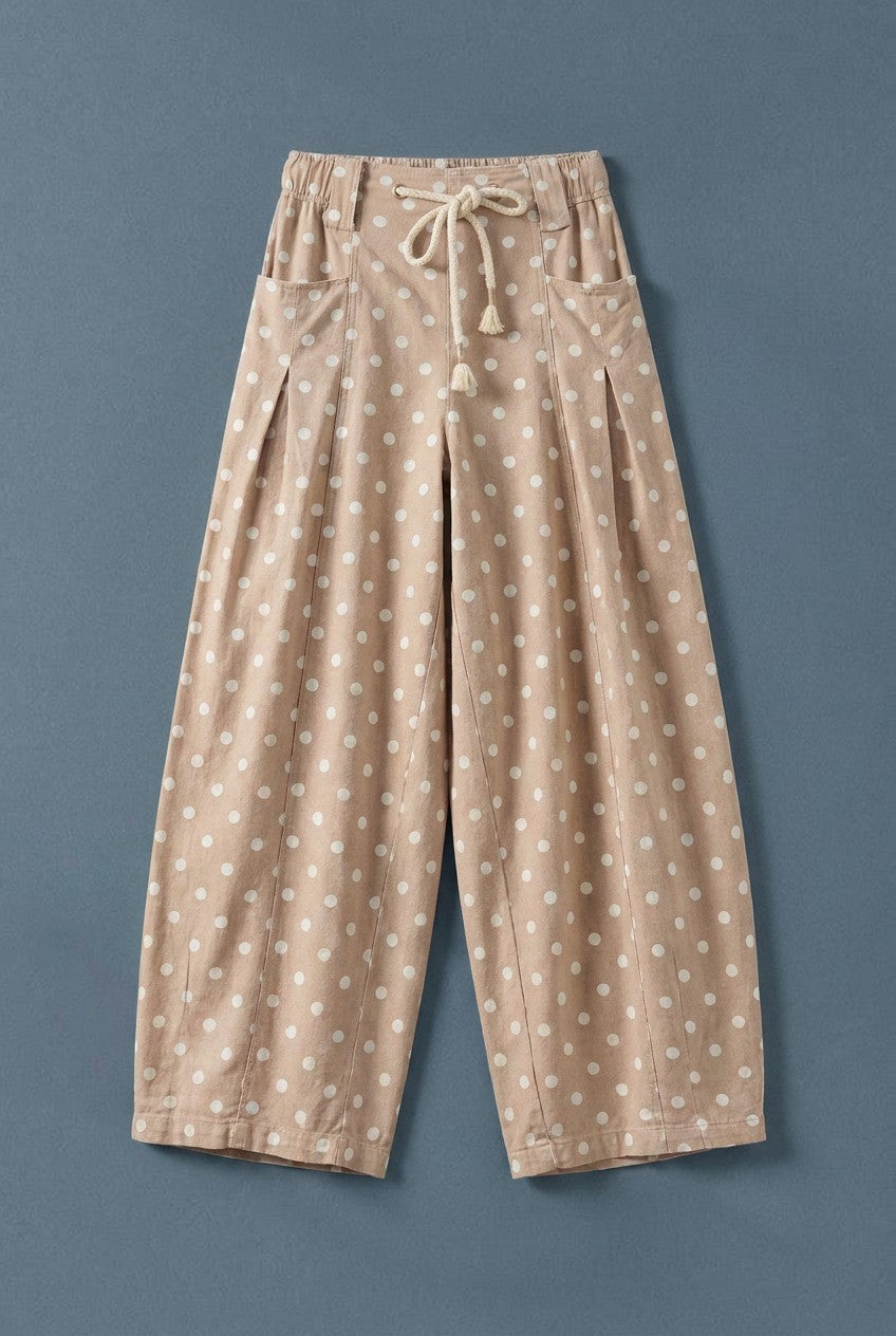 Polka Dot Pleated Barrel Leg Pants in Cotton Twill in Taupe - Women's Wholesale Casual Pants | Trend Notes