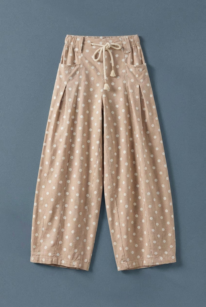 Polka Dot Pleated Barrel Leg Pants in Cotton Twill in Taupe - Women's Wholesale Casual Pants | Trend Notes