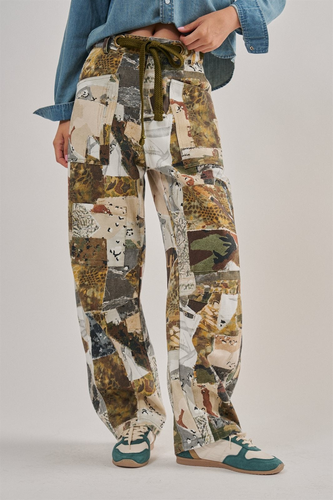 Camo Patchwork Wide Leg Cargo Pant in Multi - Women's Wholesale Casual Pants | Trend Notes