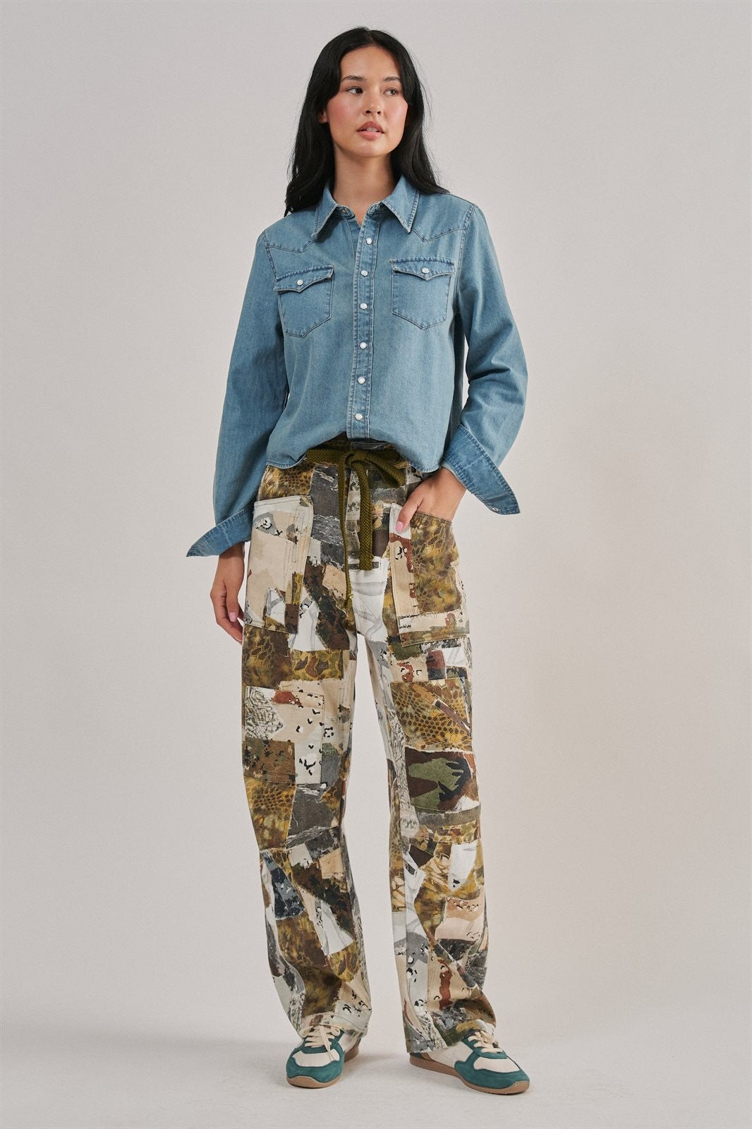 Camo Patchwork Wide Leg Cargo Pant in Multi - Women's Wholesale Casual Pants | Trend Notes