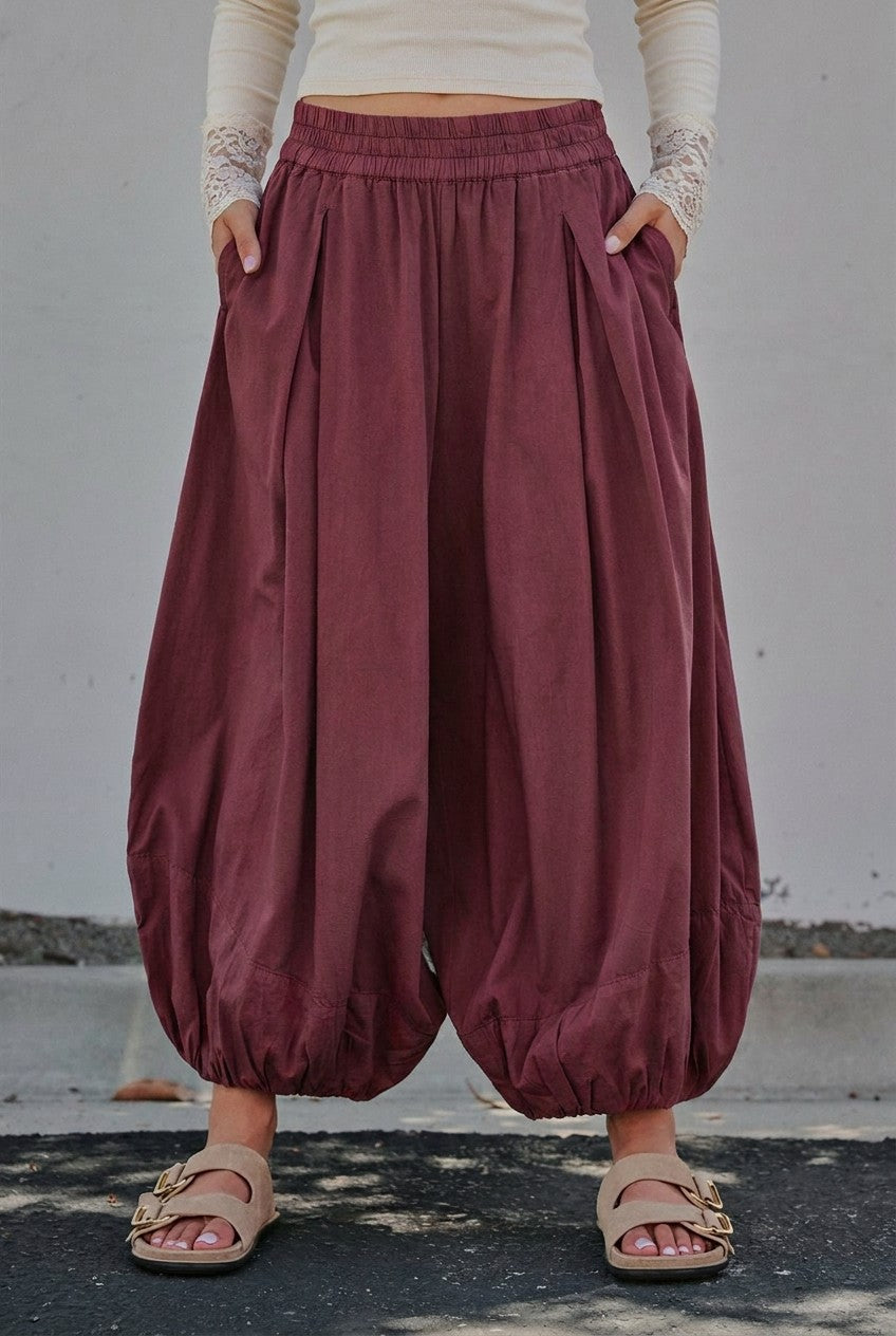 Balloon Hem Wide Leg Pants in Maroon - Women's Wholesale Casual Pants | Trend Notes