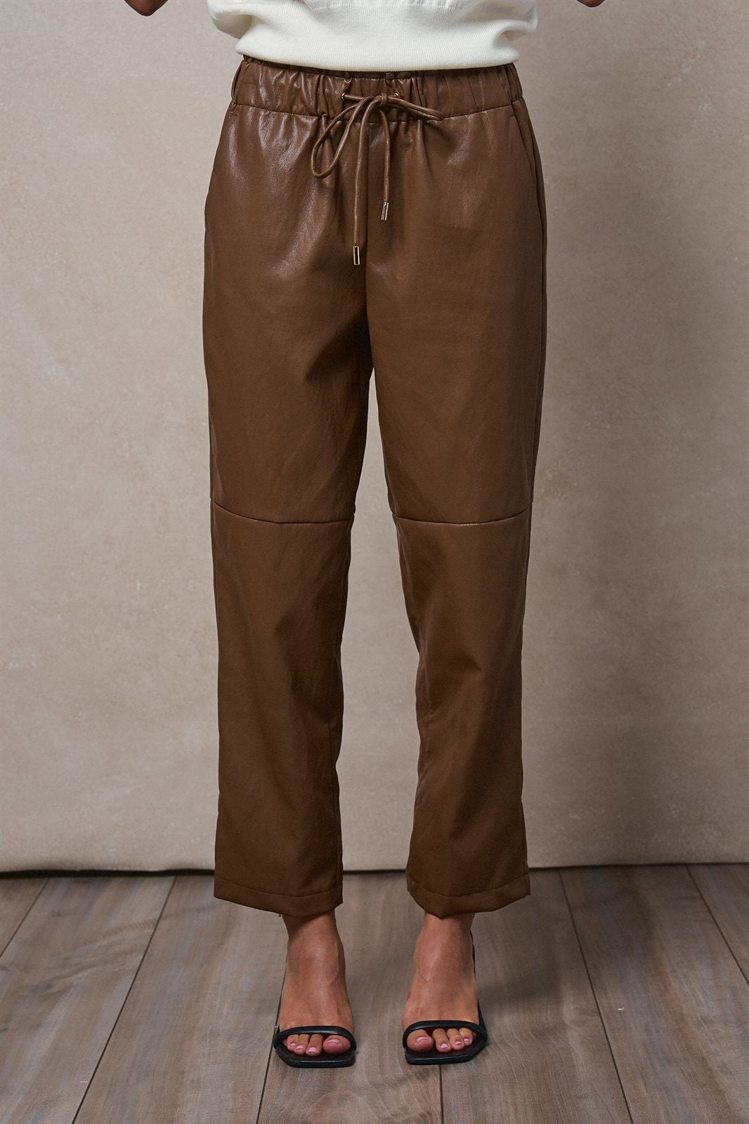 Faux Leather Drawstring Jogger Pants in Camel - Women's Wholesale Casual Pants | Trend Notes
