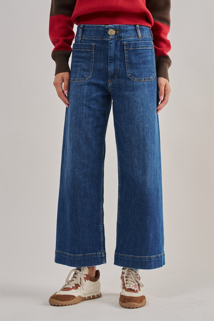 High Waist Wide Leg Denim with Patch Pockets in Denim - Women's Wholesale Casual Pants | Trend Notes