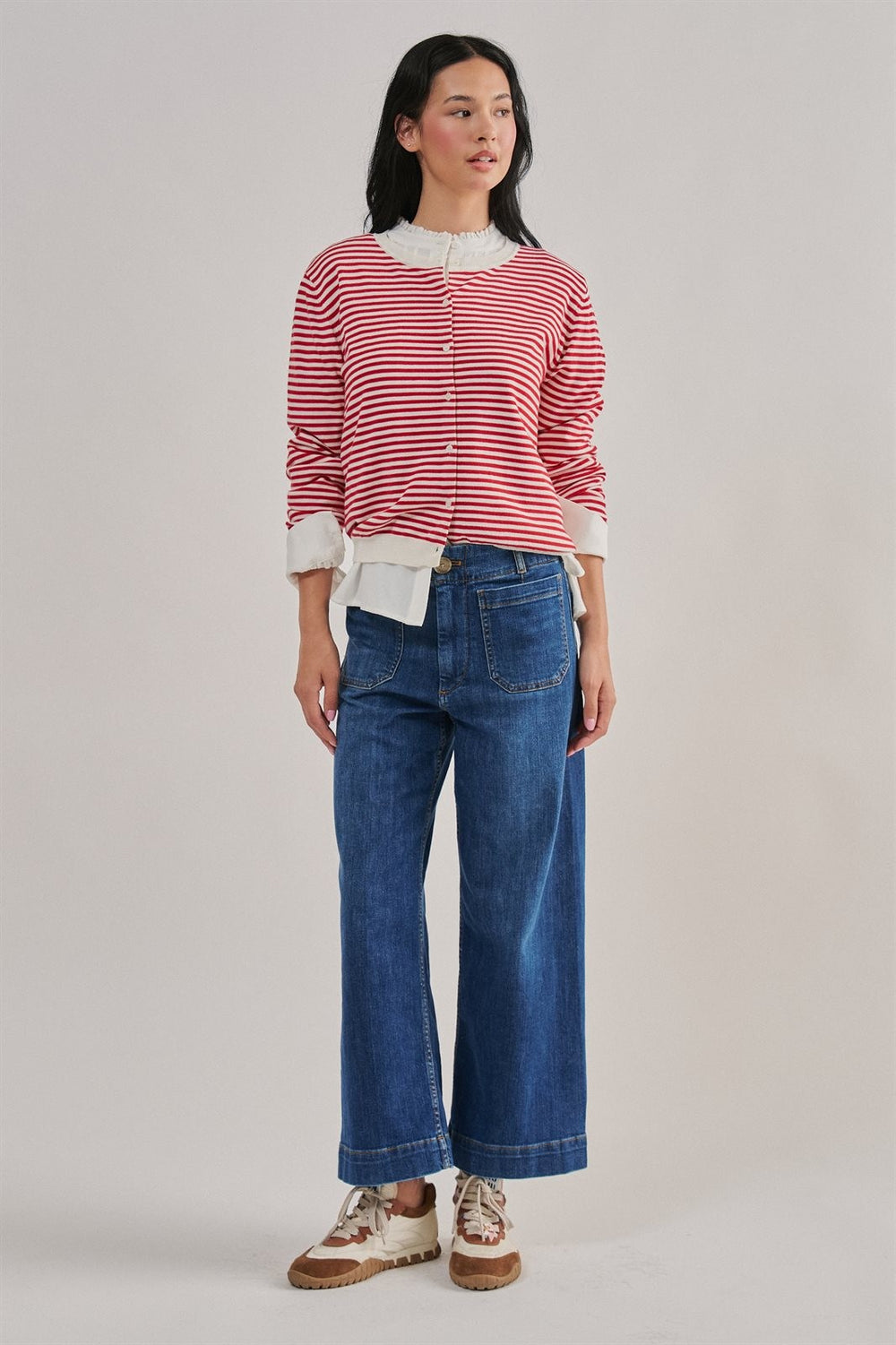 High Waist Wide Leg Denim with Patch Pockets in Denim - Women's Wholesale Casual Pants | Trend Notes