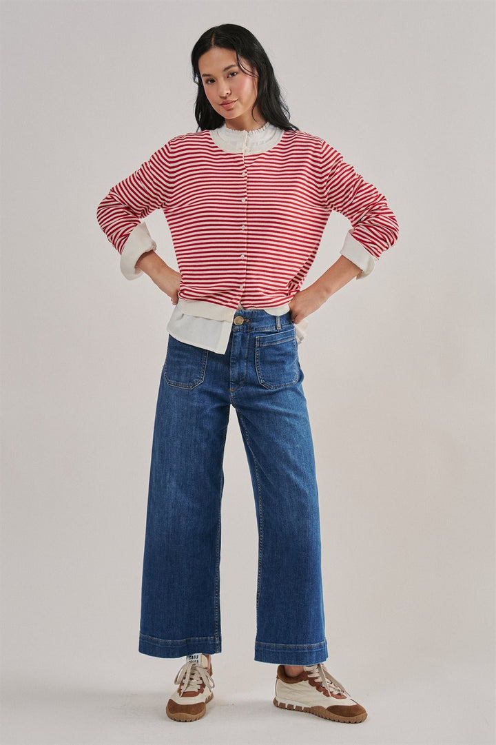 High Waist Wide Leg Denim with Patch Pockets in Denim - Women's Wholesale Casual Pants | Trend Notes