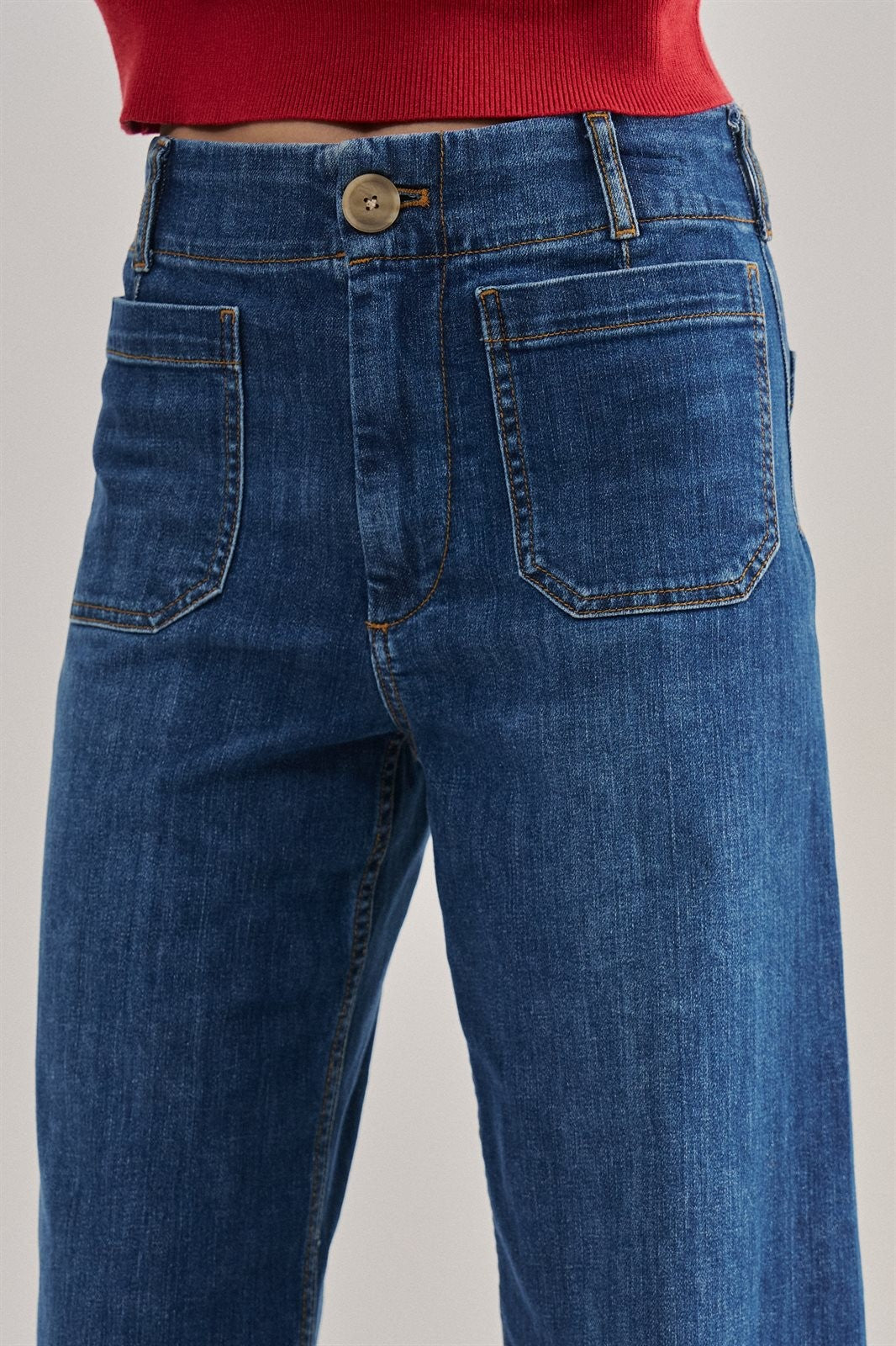 High Waist Wide Leg Denim with Patch Pockets in Denim - Women's Wholesale Casual Pants | Trend Notes