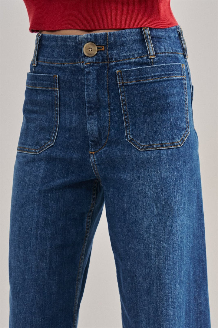 High Waist Wide Leg Denim with Patch Pockets in Denim - Women's Wholesale Casual Pants | Trend Notes