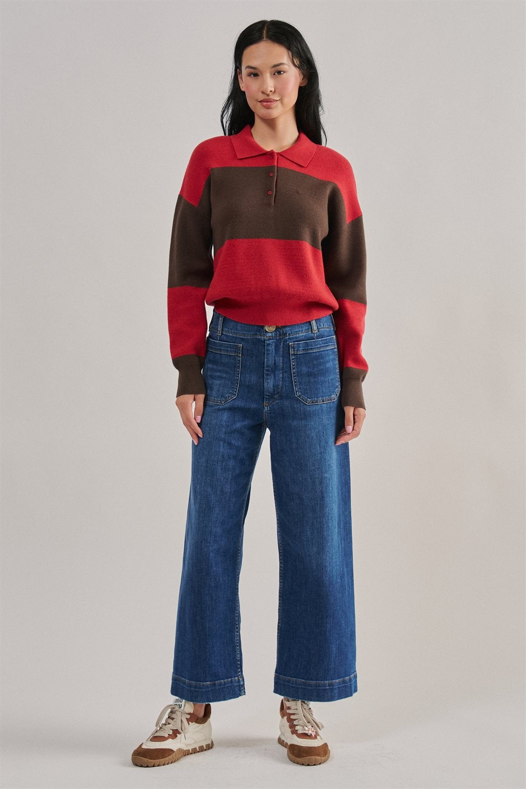 High Waist Wide Leg Denim with Patch Pockets in Denim - Women's Wholesale Casual Pants | Trend Notes