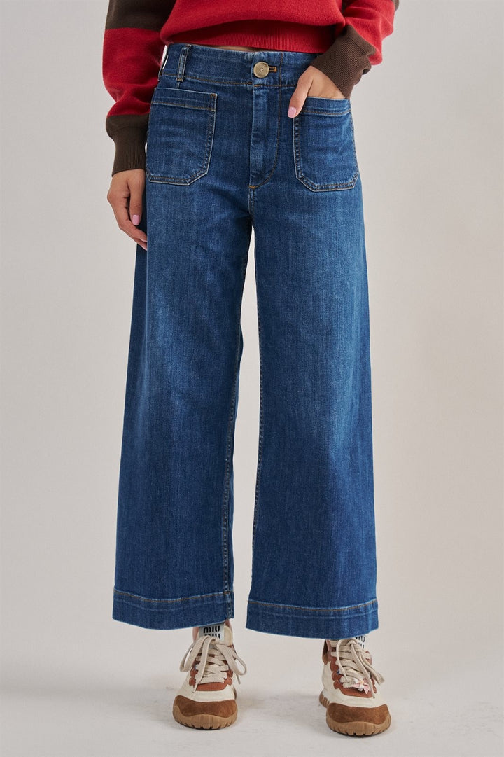 High Waist Wide Leg Denim with Patch Pockets in Denim - Women's Wholesale Casual Pants | Trend Notes