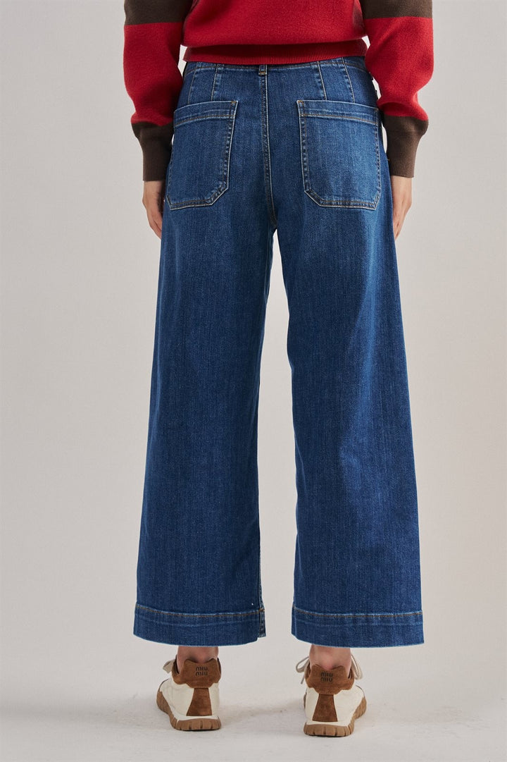 High Waist Wide Leg Denim with Patch Pockets in Denim - Women's Wholesale Casual Pants | Trend Notes