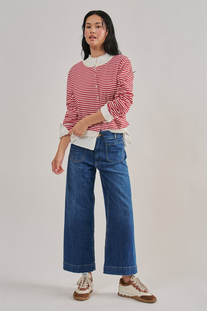 High Waist Wide Leg Denim with Patch Pockets in Denim - Women's Wholesale Casual Pants | Trend Notes