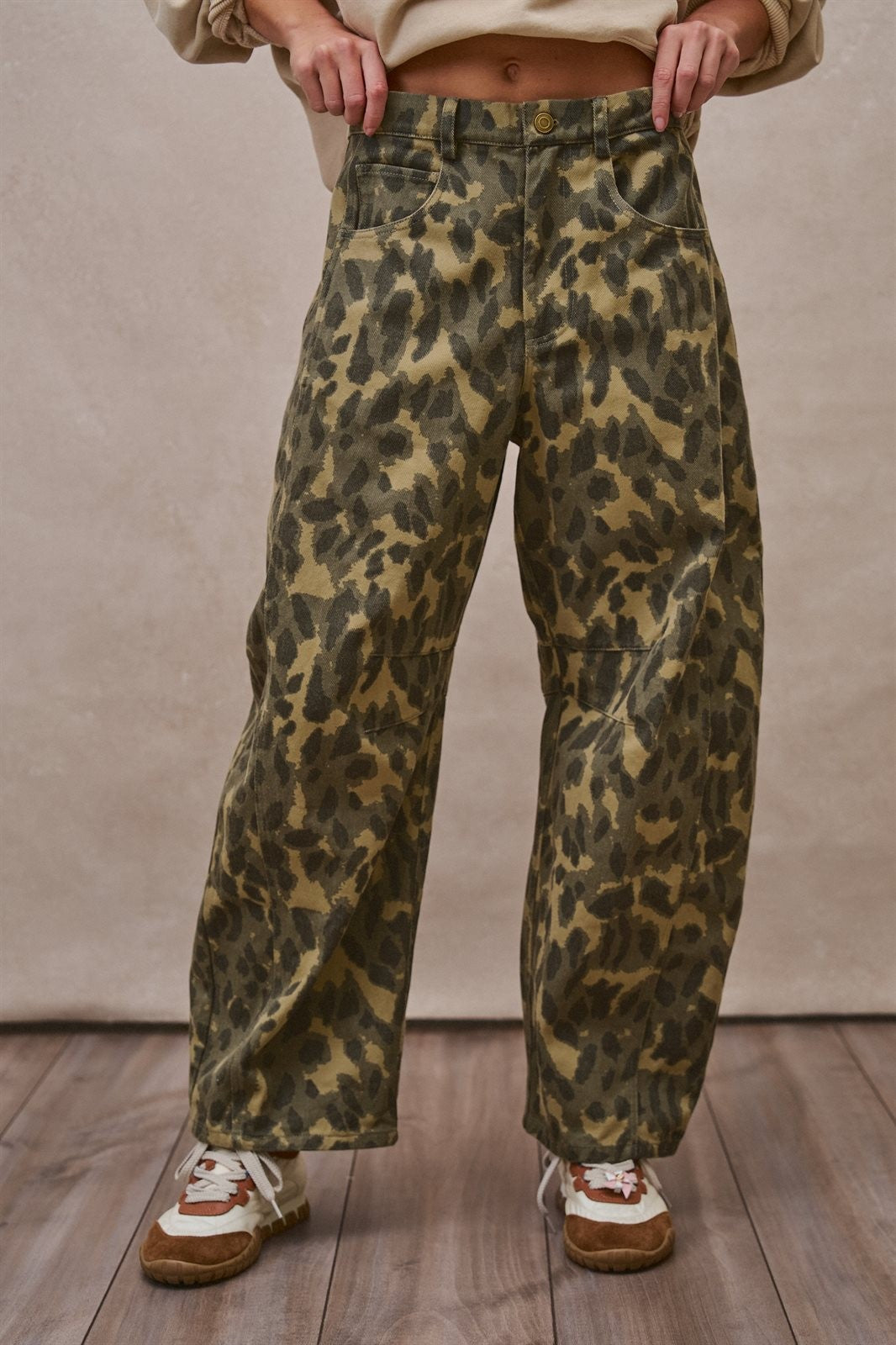 Camo Leopard Print Wide Leg Barrel Pant in Camo - Women's Wholesale Casual Pants | Trend Notes