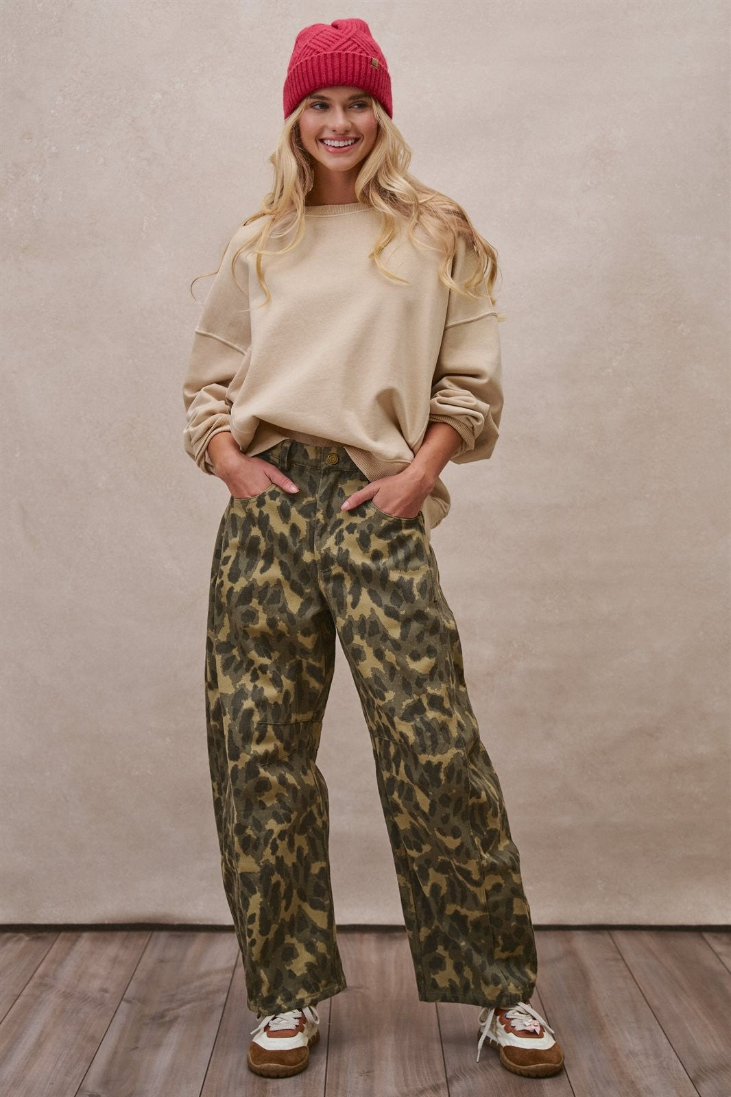 Camo Leopard Print Wide Leg Barrel Pant in Camo - Women's Wholesale Casual Pants | Trend Notes