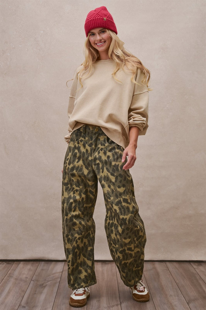 Camo Leopard Print Wide Leg Barrel Pant in Camo - Women's Wholesale Casual Pants | Trend Notes