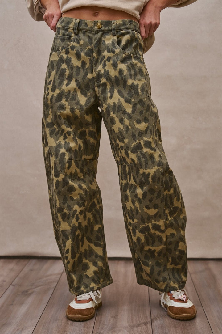 Camo Leopard Print Wide Leg Barrel Pant in Camo - Women's Wholesale Casual Pants | Trend Notes
