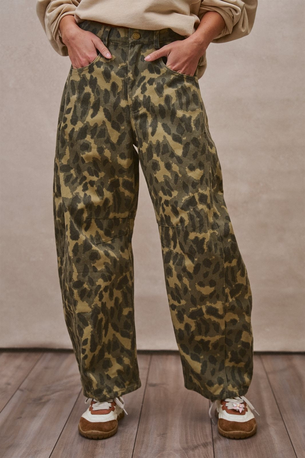 Camo Leopard Print Wide Leg Barrel Pant in Camo - Women's Wholesale Casual Pants | Trend Notes