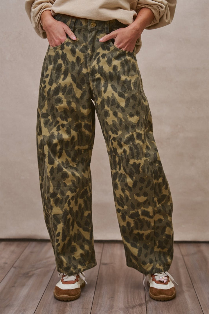 Camo Leopard Print Wide Leg Barrel Pant in Camo - Women's Wholesale Casual Pants | Trend Notes